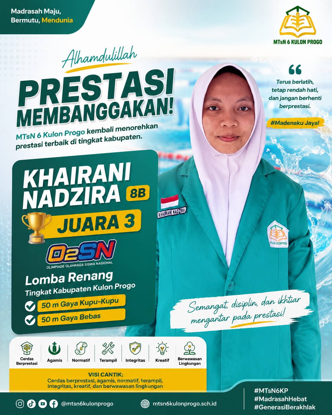 Khairani Nadzira, Siswa MTsN 6 Kulon Progo Raih Juara 3 O2SN Renang Tingkat Kabupaten